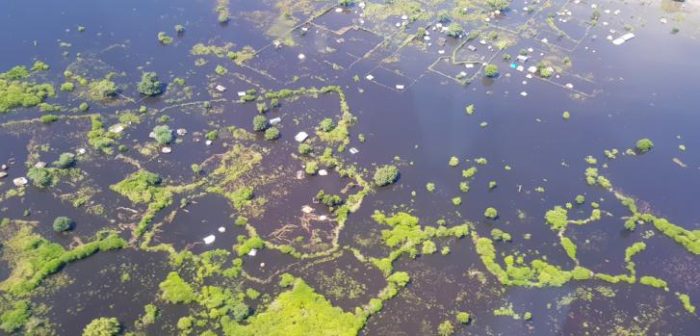 La zona del hospital en Pibor, Sudán del Sur, vista desde un helicóptero y totalmente inundada.MSF